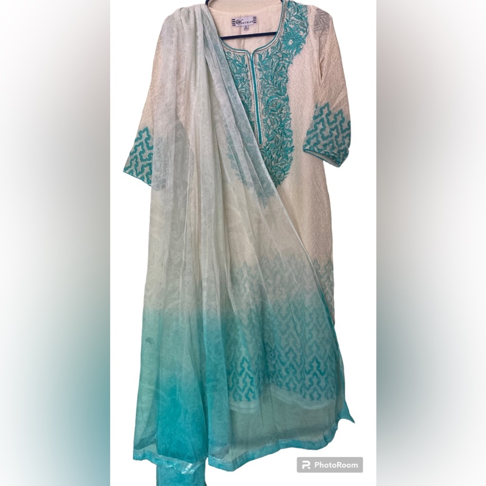 Westside Embroidered White and Blue Salwar Without Pants - Small